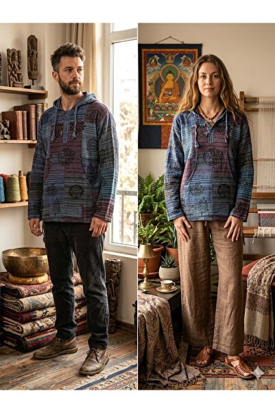 AYASOFYA OTANTIK Unisex Indian Indigo Blue Ethnic Vintage D Patterned K Hoode...