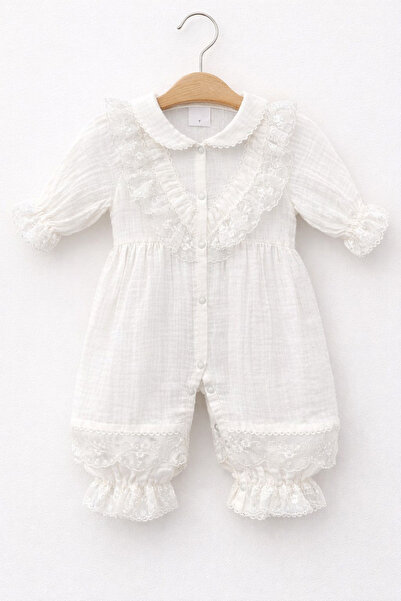 Kardeşler Bebe Collared Lace Baby Girl Romper with Snap Fasteners and Headband