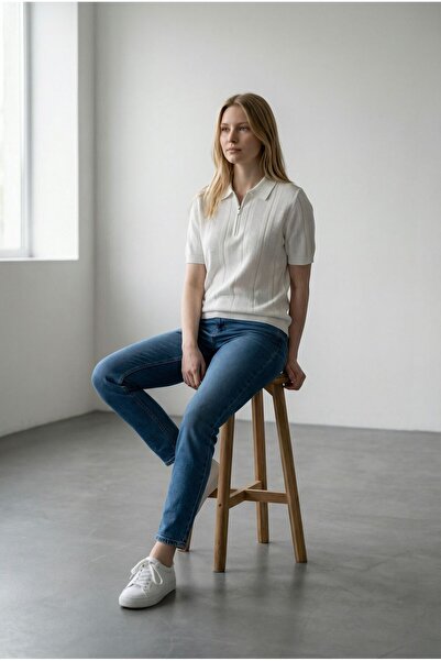 ÖNDER MODA Textured Half Zipper Women's Knitwear Polo Blouse