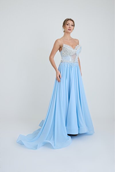 ROJBEY KADIN ABİYE KORSAJ PENCERE DETAYLI İŞLEME VE İNCİLİ KLOŞ ETEKLİ UZUN E...