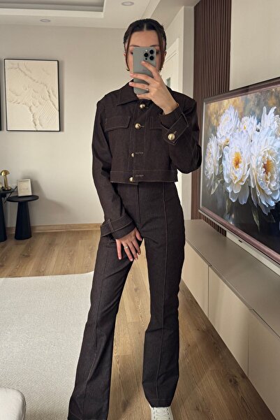 İlayda Toprak Καφέ Κακάο Τζιν Σετ με Χρυσά Κουμπιά και Λεπτομέρειες, Μπουφάν ...