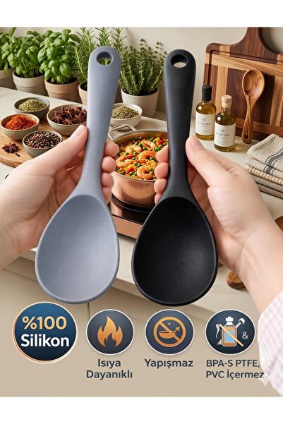 Razmo 2 Adet Sert Uçlu Silikon Pilav Kaşığı Yüksek Isıya Dayanıklı Yanmaz Yap...