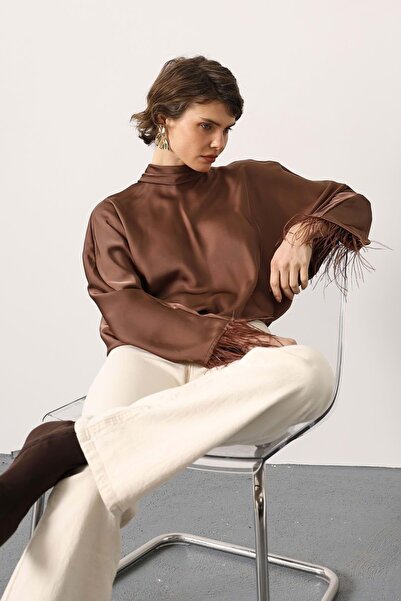 ibeeka Luxe Knot Back Tie Sleeve Otriş Detailed Satin Blouse - Brown