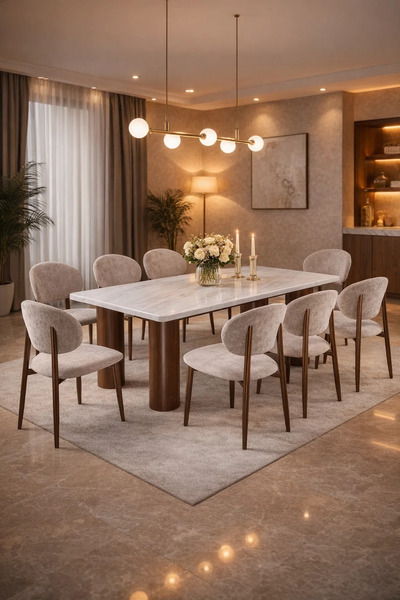 MARIA HOMES Modern Marble Top Dining Table Set with 8 Upholstered Chairs 220x...