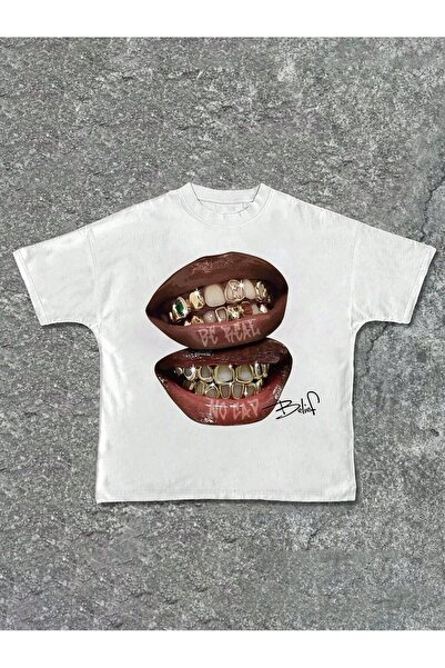 Bravebell Tricou alb unisex cu imprimeu Be Real No Cap Two Lips