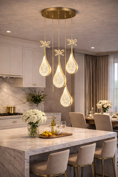 kialed Damla 4’lü Kristal LED Sarkıt Avize Gold Modern Salon Avizesi