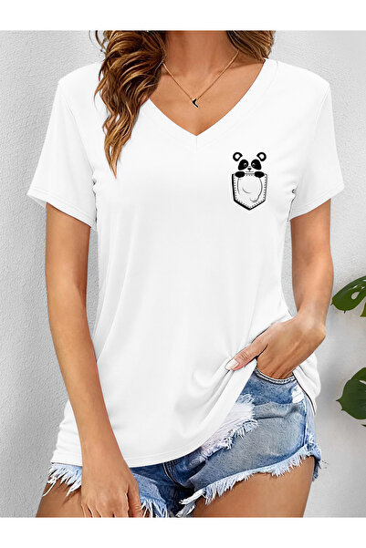 mercoledi تي شيرت نسائي Minimal مطبوع بأكمام على شكل حرف V وقصة عادية