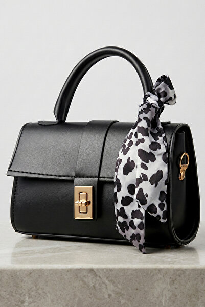 LAREON Kadın Fular Detaylı Mini El Çantası - Kilitli Siyah Baget Çanta 7004