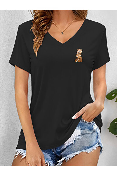 mercoledi تي شيرت نسائي Minimal مطبوع بأكمام على شكل حرف V وقصة عادية