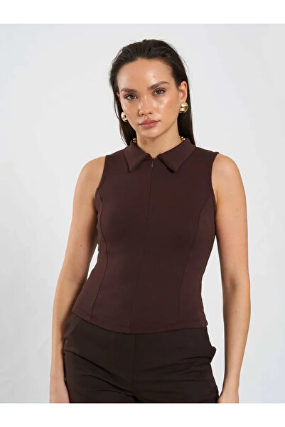 BIGNUANCE Brown Knitted Sleeveless Bodysuit with Front Zipper