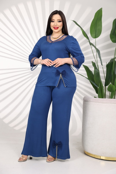 BONİTA FASHİON Women's Plus Size Bow and Zip Detail Stylish Two-Piece Suit Pr...