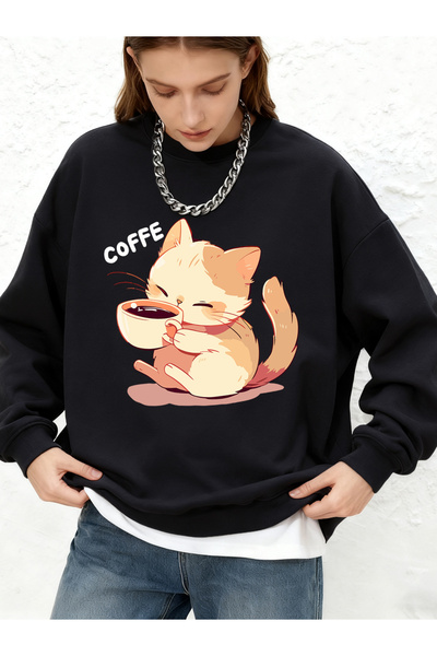 NOISSEY Cat Drinking Coffee B Printed K Hooded Tops Winter Round Neck Loose S...