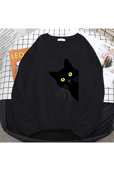 NOISSEY Hanorac de iarnă Harajuku pentru femei Meow Black pisică Hanorac cu i...