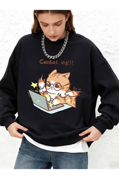 NOISSEY Crazy Writing Cat Cartoon Print με κουκούλα τεμάχια Χειμερινά ζεστά μ...