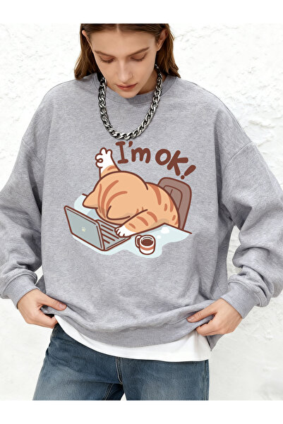 NOISSEY سويت شيرت Fun Cat I'm Fine B مطبوع للسيدات للخريف بأكمام طويلة دافئة ...