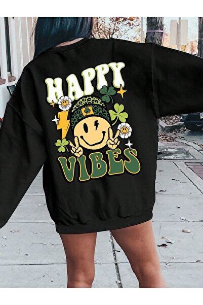 NOISSEY Happy Vibes Print Women's Sweatshirts Harajuku Oversized Pullover Fas...