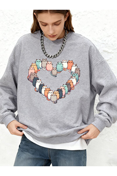 NOISSEY سترة شتوية دافئة برقبة دائرية من Cats Heart مطبوع بغطاء رأس Top Basic...