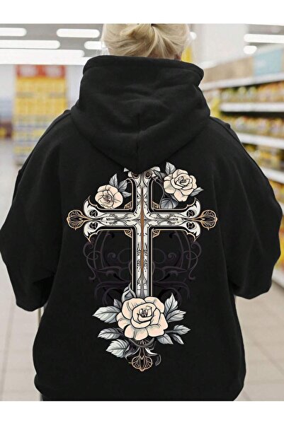 NOISSEY Vintage Flower Cross Printed Hoodies Street Women's Sweatshirts Casua...