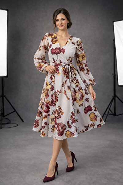 Meddesa Elegant cream floral midi dress with drawstring waist and long sleeves