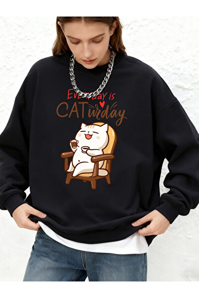 NOISSEY Cat Widay Coffee Happy Cats Printed Sweatshirts Autumn Long Sleeve Cr...
