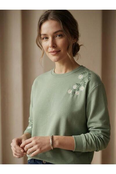 yubistitch Sweat Nakış İşlemeli Papatya Çiçek Serisi - Yeşil