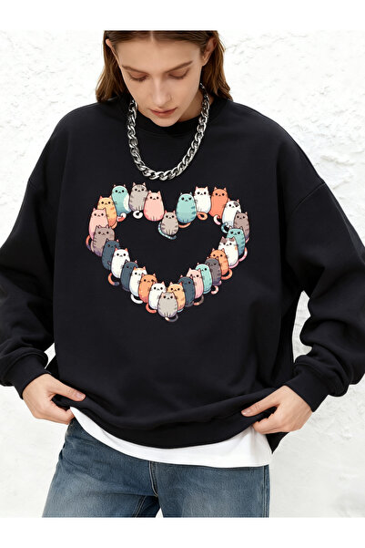 NOISSEY سترة شتوية دافئة برقبة دائرية من Cats Heart مطبوع بغطاء رأس Top Basic...