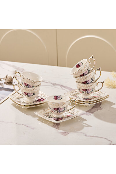 Malooki Set of 6 espresso cups with 6 porcelain saucers 90 ml - elegant flora...