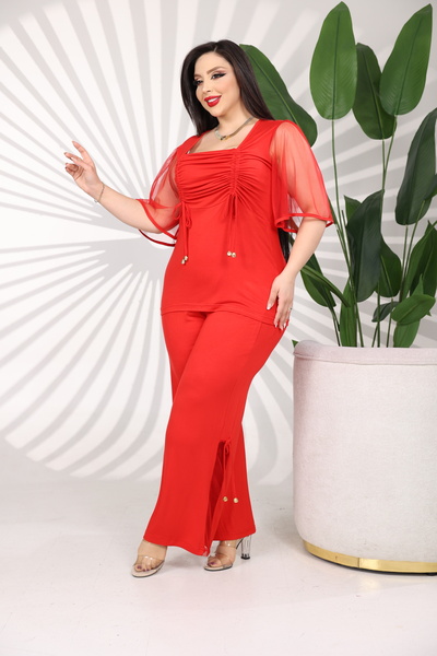 BONİTA FASHİON Plus Size Chest Size Ruched Tulle Sleeves Drawstring Detail Fl...