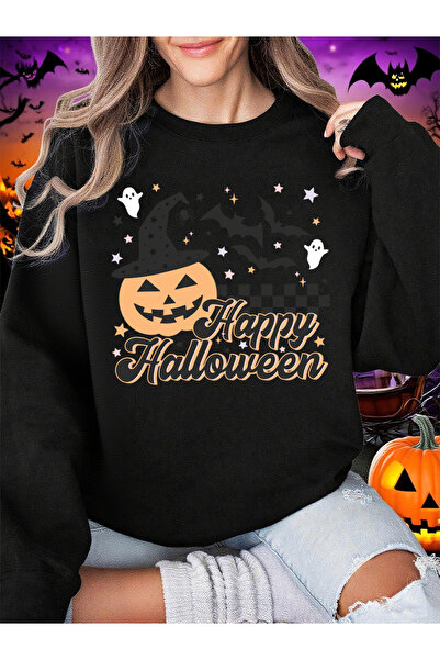 NOISSEY تي شيرت مطبوع عليه Happy Halloween للسيدات لشتاء صوف الفليس هودي دافئ...