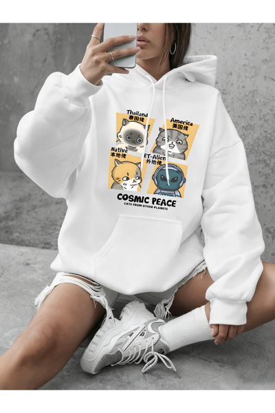 NOISSEY سترة كوزميك بيردز كاتس مطبوع بغطاء رأس للسيدات سترات فضفاضة غير رسمية...