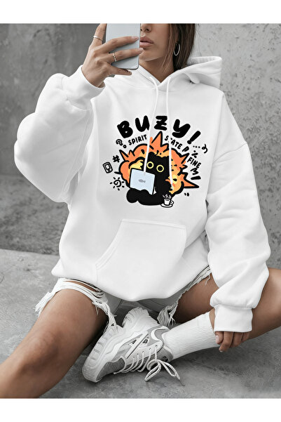 NOISSEY Busy Spirit State Cat cu imprimeu Hanorac pentru femei cu glugă Casua...