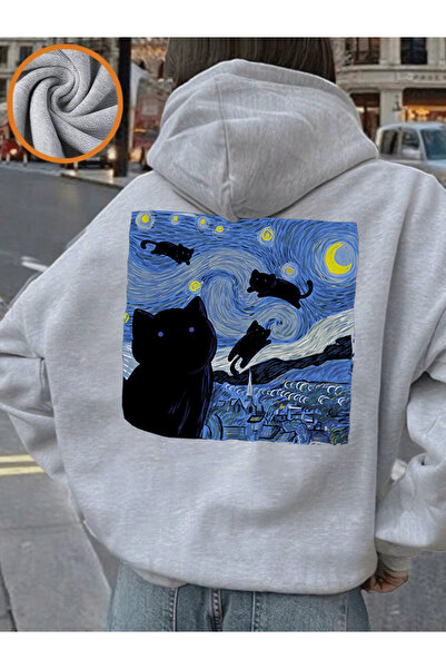 NOISSEY سترة نسائية ناعمة ومريحة بطباعة Starry Cat Night بغطاء رأس للسيدات، س...