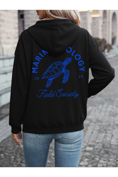 NOISSEY Sea Biology Turtle cu imprimeu cu glugă Topuri pentru femei Iarna pol...