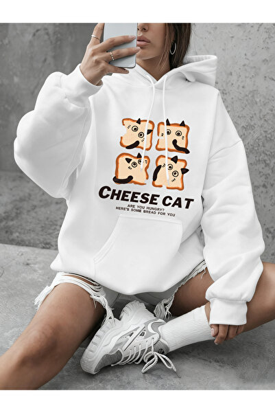 NOISSEY تي شيرت لطيف من نوع Cheese Bread Cat مطبوع للسيدات شتاء صوف الفليس دا...