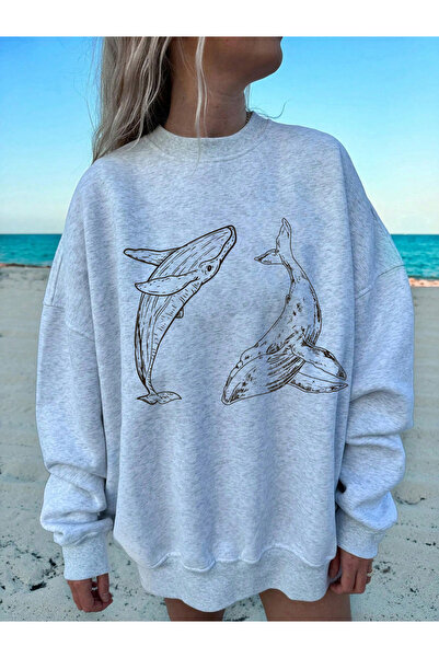 NOISSEY Tricou cu imprimeu Humpback Whale Toamna polar Pulovere largi cu gât ...