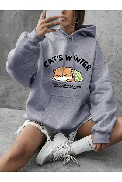 NOISSEY Cat's Winter Sleep με τύπωμα με κουκούλα Απλά φούτερ με στρογγυλή λαι...
