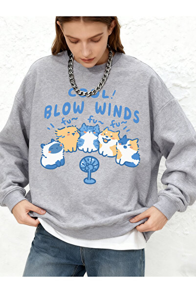 NOISSEY Cool Blow Winds Kedi Printed Hooded Lar Women's Winter Long Sleeve O-...