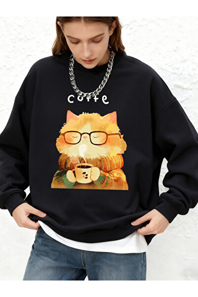 NOISSEY Μια γάτα πίνει ζεστόνεο καφέ με τύπωμα πουλόβερ γυναικείο άνετο ζεστό...