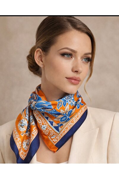LİNDALİNA TEKSTİL وشاح حرير برتقالي منقوش للسيدات 70×70