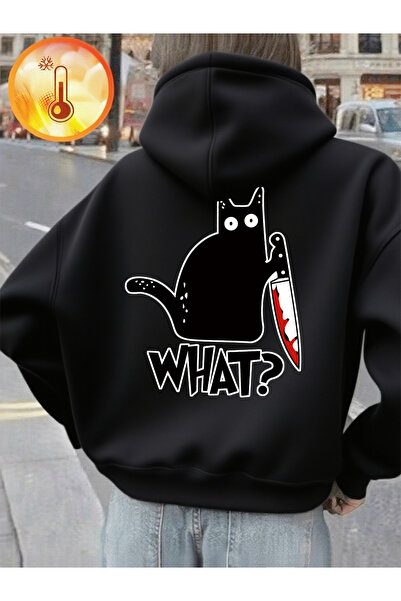 NOISSEY Blade Holding the Knife Black pisică cu imprimeu Hanorac lejer confor...