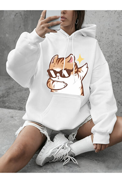 NOISSEY pisică havalı imprimeuri cu ochelari de soare pulover femei iarna pol...