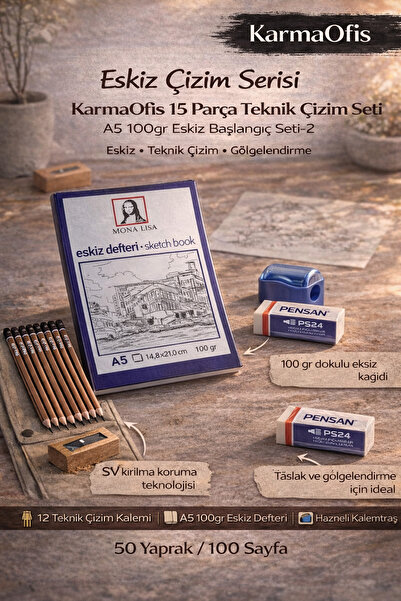 KarmaOfis 15 Piece Technical Drawing Set Without Spiral A5 100Gr Sketchbook+1...