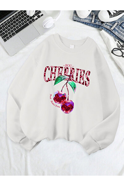 NOISSEY Дамска тениска с принт „Кристална череша“, широка кройка, суитчър с к...