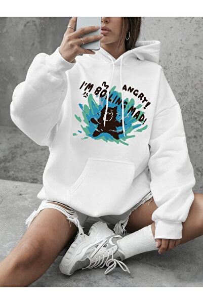 NOISSEY بلوزات Boiling Mad Angry Cat مطبوع بغطاء رأس للشتاء للنساء P صوف الفل...