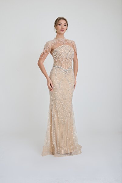 ROJBEY KADIN ABİYE STRAPLEZ BOYUN AKSESUARLI İŞLEME VE SAÇAK DETAYLI UZUN ŞIK...