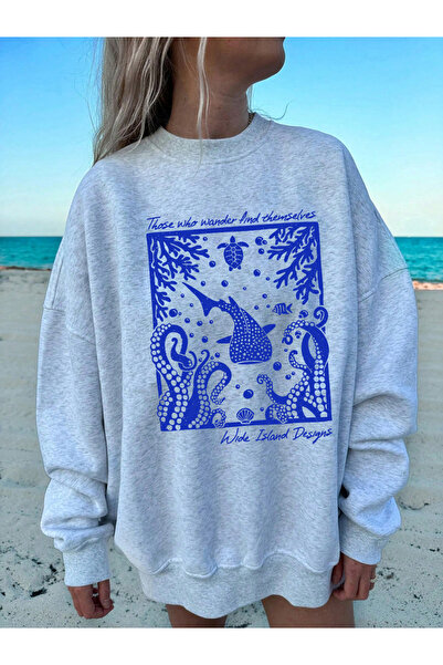 NOISSEY Морски свят Карикатура Печат Дамски пуловер с обло деколте Основи Худ...