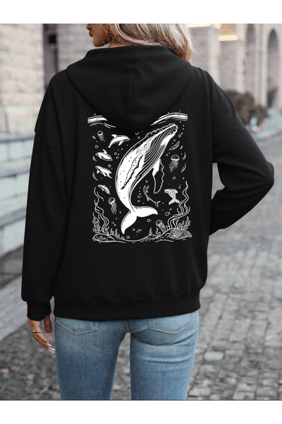 NOISSEY Humpback Whale cu imprimeu cu glugă Topuri pentru femei Pulover lejer...