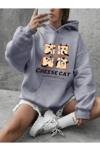 NOISSEY تي شيرت لطيف من نوع Cheese Bread Cat مطبوع للسيدات شتاء صوف الفليس دا...