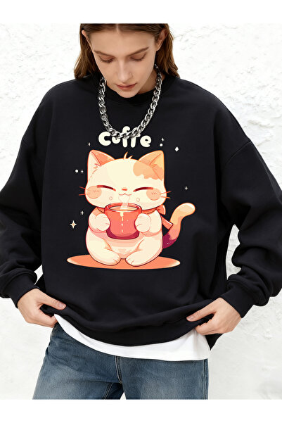 NOISSEY Cute Cat Drinking Coffee Prints T-Shirt Autumn J Jogger Pants Hot K H...