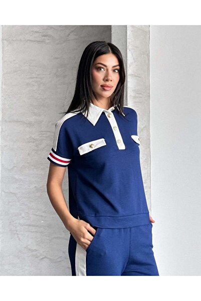 Velista Navy Blue Polo Collar Striped Detail Two-Piece Set